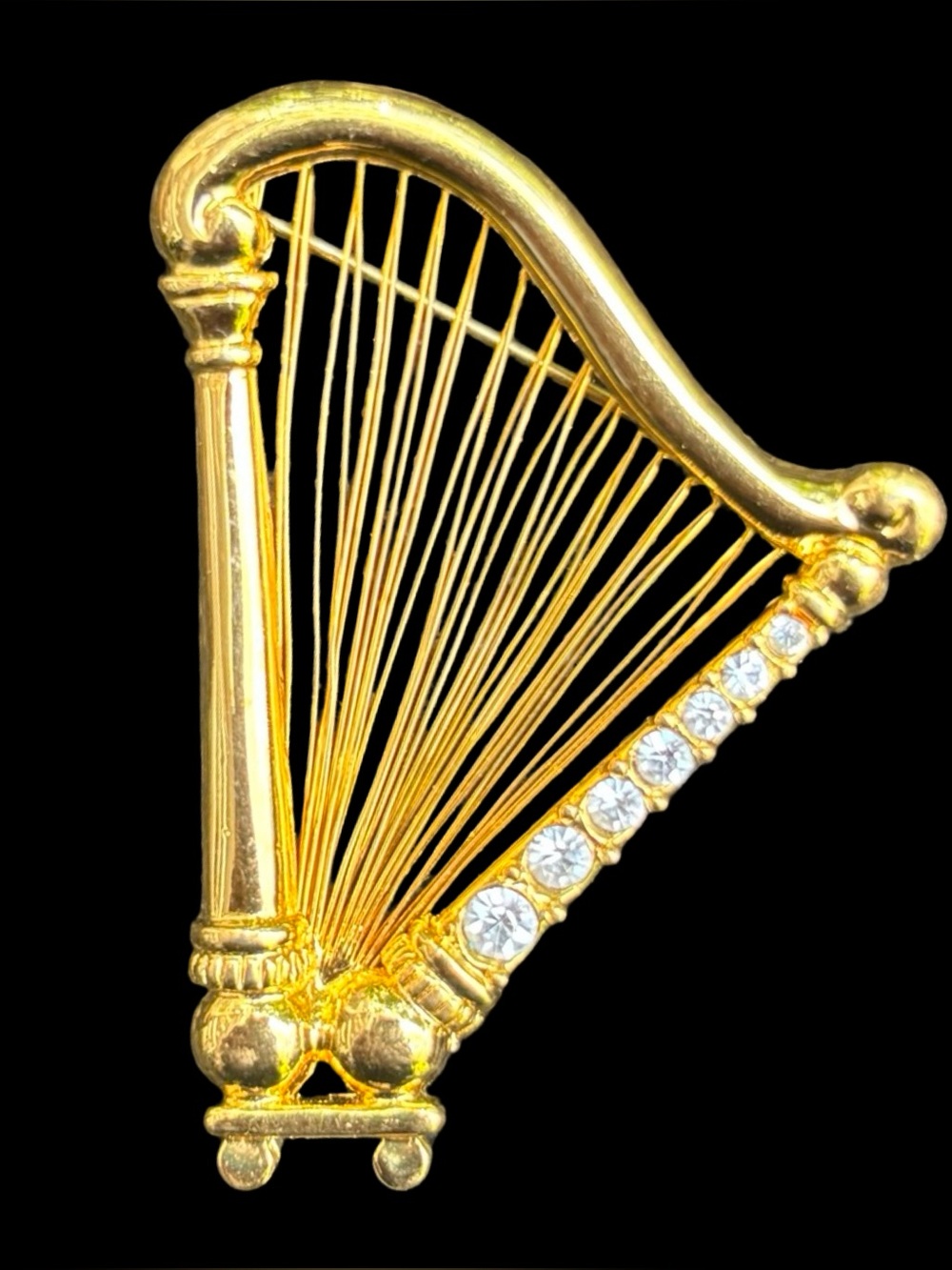 Vintage 80’s Monet Gold Tone Harp Brooch Rhinestone Musical Instrument Pin 2"